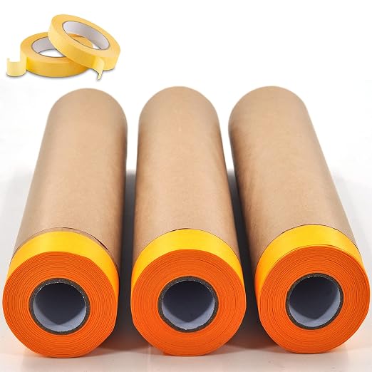 Pre-Taped Paint Masking Paper and Masking Tape Sets,3 Rolls 22inch-50feet Painters Paper and 2 Rolls Painters Tape, Automotive Paint Paper, Tape and Drape Waterproof for Painting Protection Covering