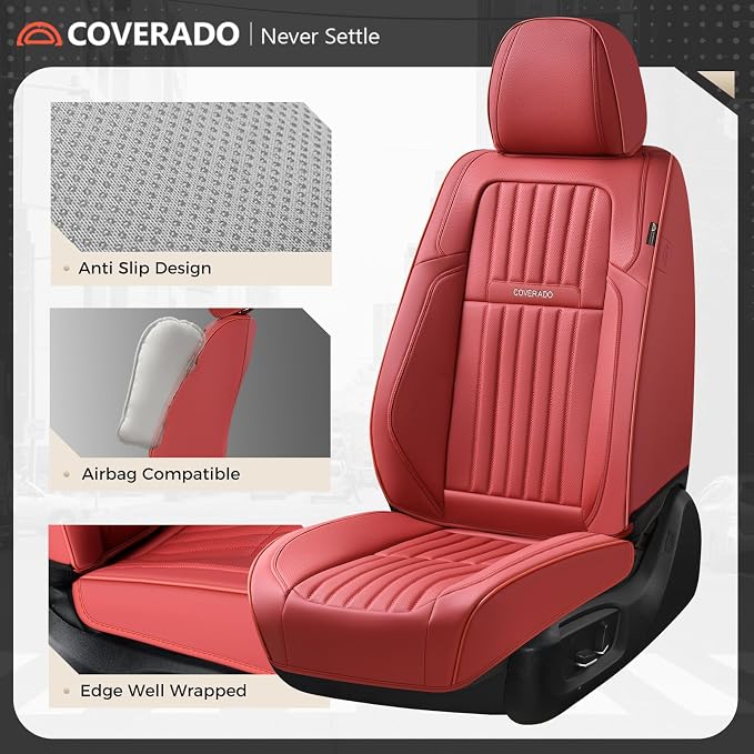 Coverado Car Seat Covers Front Seats, Seat Covers for Cars, Car Seat Protector, 2-Pack Car Seat Cushion Nappa Leather, Waterproof Seat Covers Carseat Cover Universal Fit for Most Cars Trucks(Red)