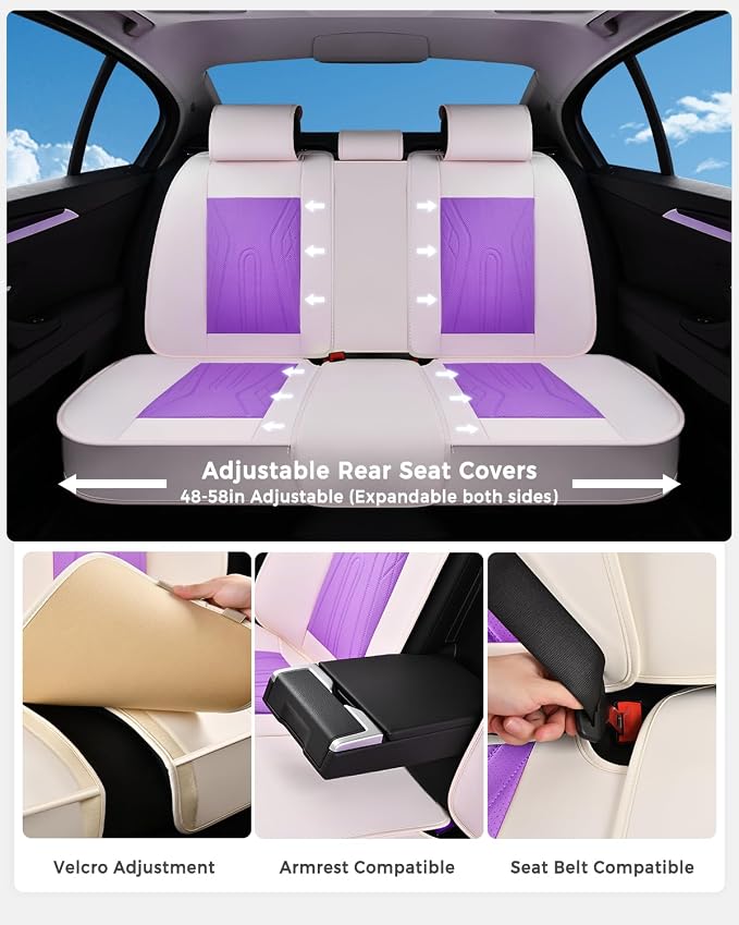 Huidasource Car Seat Covers Full Set, Universal Fit for Most Cars SUV Trucks, Full Coverage Nappa Leather Seat Cover, Airbag, Cupholder Compatible, Seat Function Retain, White&Purple
