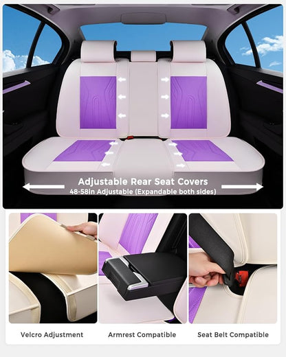Huidasource Car Seat Covers Full Set, Universal Fit for Most Cars SUV Trucks, Full Coverage Nappa Leather Seat Cover, Airbag, Cupholder Compatible, Seat Function Retain, White&Purple