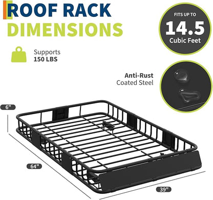 Universal Roof Rack Basket 64" x 39" x 6",Rooftop Cargo Carrier 300 Lb, Rust-Proof Roof Basket for SUVs, Trucks & Vehicles
