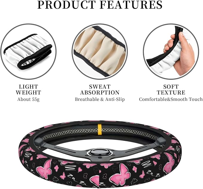 Pink Butterfly Steering Wheel Cover for Women, Universal Auto Steering Wheel 14-15 Inch Car Interior Accessories with 2PCS Car Coasters, Suitable for Men and Women