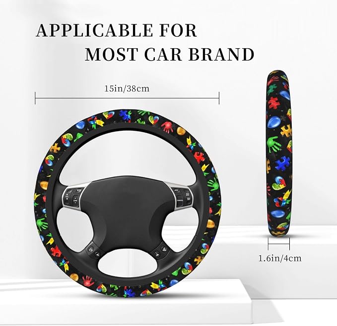Autism Awareness Steering Wheel Cover Anti-Slip,Sweat Absorption Universal 15 inch Steering Wheel Covers Cute car Accessories for Men Women
