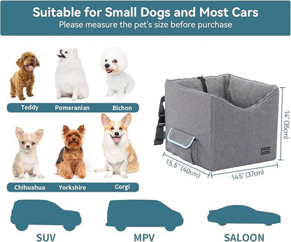 Petsfit Small Dog Car Seat, Pet Travel Car Booster Seat with Safety Belt, Washable Double-Sided Cushion and Storage Pocket for Small Pet (Small, Light Grey)