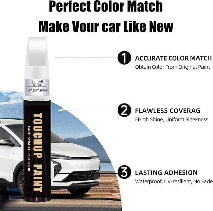 Summit White(GAZ/WA8624) Car Paint Touch Up Pen for Chevy, 2-In-1 Color Accurate Touch Up Car Scratch Repair Paint Exact Match Chevy Series Premium Automotive Scratch Remover for Nicks & Chips Repair
