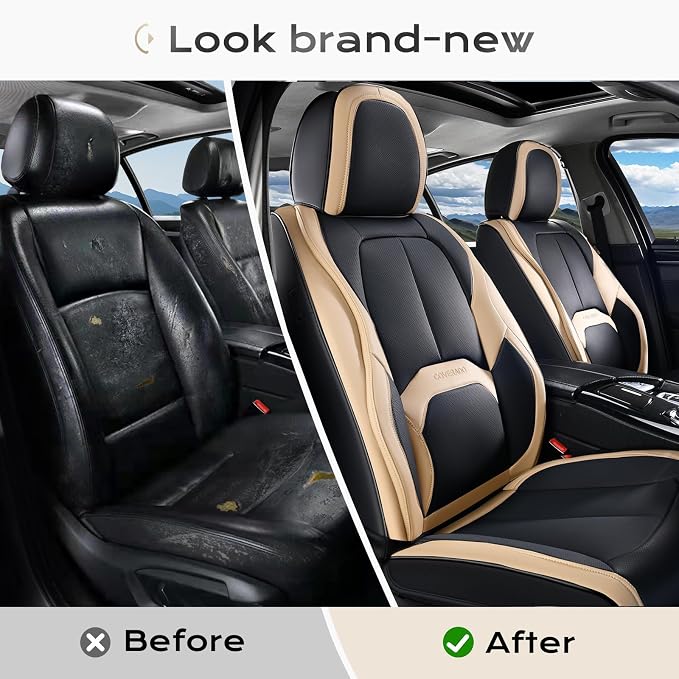 Coverado Seat Covers, Premium Nappa Leather Car Seat Covers Front Seats, Waterproof Car Seat Protector with Lumbar Support, Front Driver Seat Covers Universal Fit for Most Cars (Black&Beige)