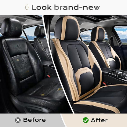 Coverado Seat Covers, Premium Nappa Leather Car Seat Covers Front Seats, Waterproof Car Seat Protector with Lumbar Support, Front Driver Seat Covers Universal Fit for Most Cars (Black&Beige)