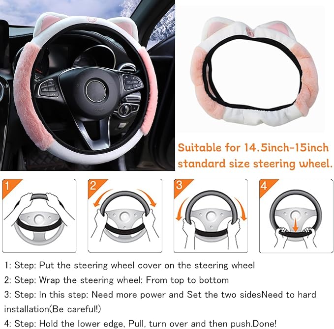 Bittwee Car Steering Wheel Cover, Fluffy Soft Plush for Winter Warm, Cute Steering Wheel Protector with Kitty Cat Ears, Universal 15 Inch, Elastic & Anti-Slip, Lovely Decor Car Accessories (Pink)