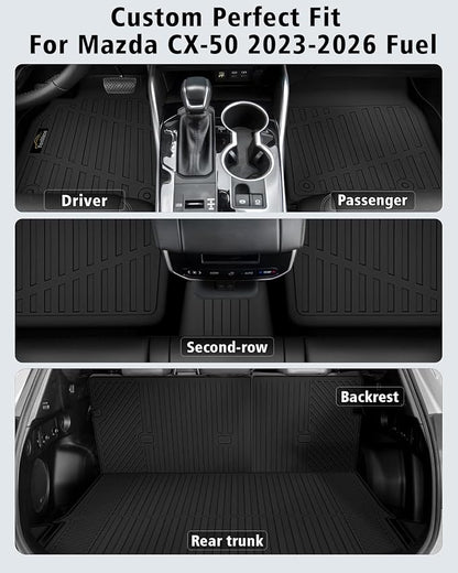 Floor Mats & Cargo Mat with Backrest Mat Custom for Mazda CX-50 2023-2025 2026 (Only Gas), Door Sill Guards, All Weather TPE Full Set Floor Liners Trunk Mat for CX-50 Fuel Accessories