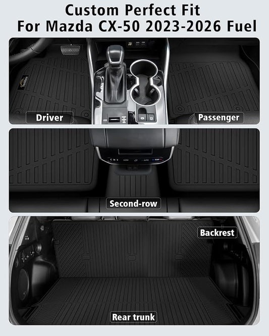 Floor Mats & Cargo Mat with Backrest Mat Custom for Mazda CX-50 2023-2025 2026 (Only Gas), Door Sill Guards, All Weather TPE Full Set Floor Liners Trunk Mat for CX-50 Fuel Accessories