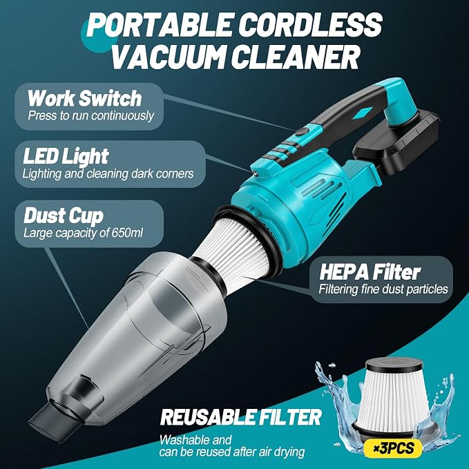 Cordless Vacuum Cleaner Compatible with Makita 18V Battery, Handheld Battery Powered Vacuum Portable Vacuum for Home, Car, Pet Hair, with 4-in-1 Nozzles & 3 HEPA Filter, No Batteries