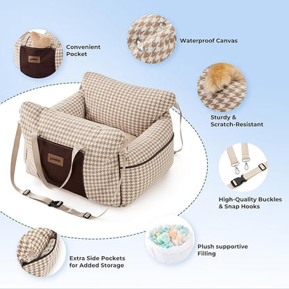 ZOMISIA Dog Car Seat for Small Dogs - Waterproof Pet Booster Seat for Car with Clip-On Safety Leash, Soft Travel Carrier for Puppy up to 25 lbs, Memory Foam Filling & 2 Adjustable Buckles Houndstooth