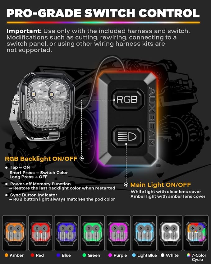 Auxbeam Color Play Series RGB Cube LED Pods, 3-Inch Spot Flood Combo Multi Color Changing Ambient Lights, RGBW 7-Color Backlight Bumper Off-Road Lights with Amber White Covers, 2-Pack