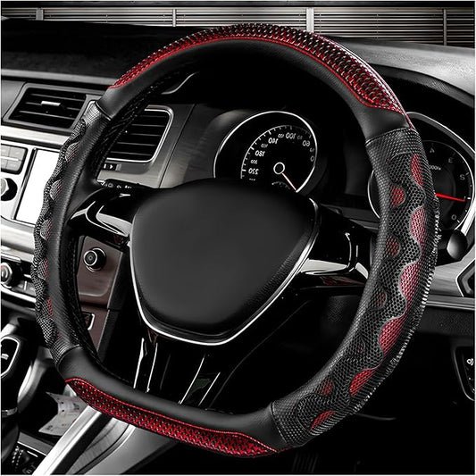 Car Steering Wheel Cover, 15 Inch Anti-Slip Steering Wheel Cover Protector with 3D Honeycomb Design, Universal Steering Wheel Covers for Cars Truck SUV, Car Accessories (Red)