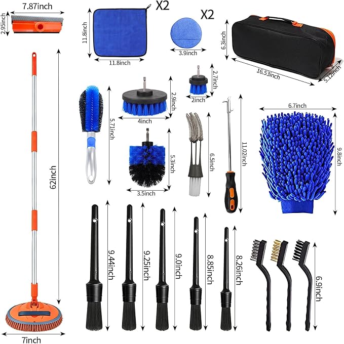 23Pcs Car Wash Kit,62" Car Wash Brush Mop with Long Handle,Car Cleaning Kit,Car Detailing Brush Set,Car Wash Bucket with Filter,Windshield Window Squeegee for Cars RV Truck Boat