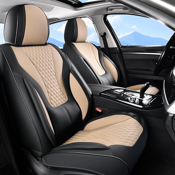 Coverado Waterproof Nappa Leather Car Seat Covers, Automotive Seat Covers，Front Car Seat Cushion & Car Seat Protector, Black&Beige Seat Covers Universal Fit for Most Cars, SUVs, Trucks