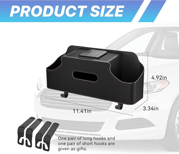 Car Seat Back Organizer, 3-in-1 Vehicle Backseat Storage Box with Cup Holder Tissue Box Trash Bin & Hooks, Multifunctional Auto Interior Headrest Organizer, Universal for SUV RV Truck (Black)