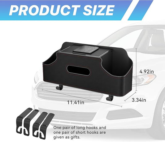 Car Seat Back Organizer, 3-in-1 Vehicle Backseat Storage Box with Cup Holder Tissue Box Trash Bin & Hooks, Multifunctional Auto Interior Headrest Organizer, Universal for SUV RV Truck (Black)