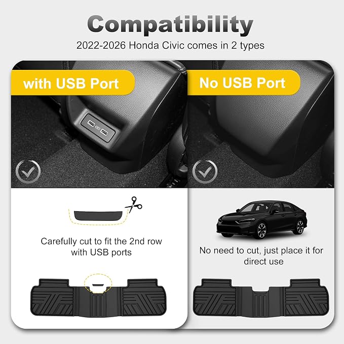 Floor Mats Fit for Honda Civic 2022-2025 2026 Sedan Hatchback Si (Include Sport), with&w/o USB Port | for Acura Integra 2023-2026, All Weather Car Floor Liners, Black (Not for Hybrid)