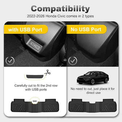 Floor Mats Fit for Honda Civic 2022-2025 2026 Sedan Hatchback Si (Include Sport), with&w/o USB Port | for Acura Integra 2023-2026, All Weather Car Floor Liners, Black (Not for Hybrid)