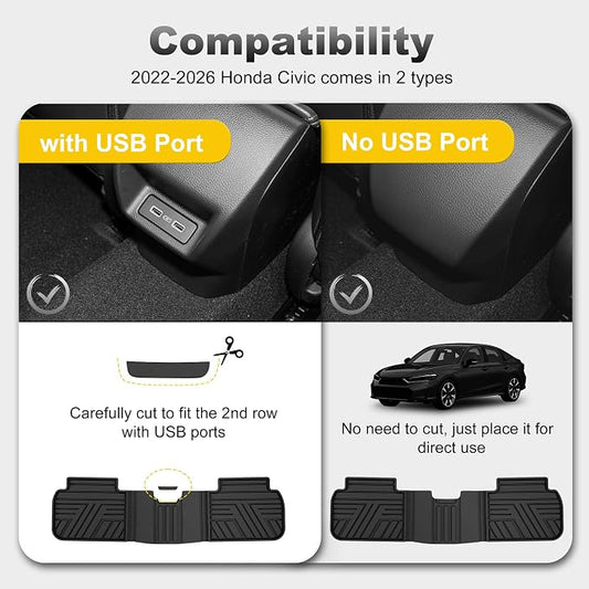 Floor Mats Fit for Honda Civic 2022-2025 2026 Sedan Hatchback Si (Include Sport), with&w/o USB Port | for Acura Integra 2023-2026, All Weather Car Floor Liners, Black (Not for Hybrid)