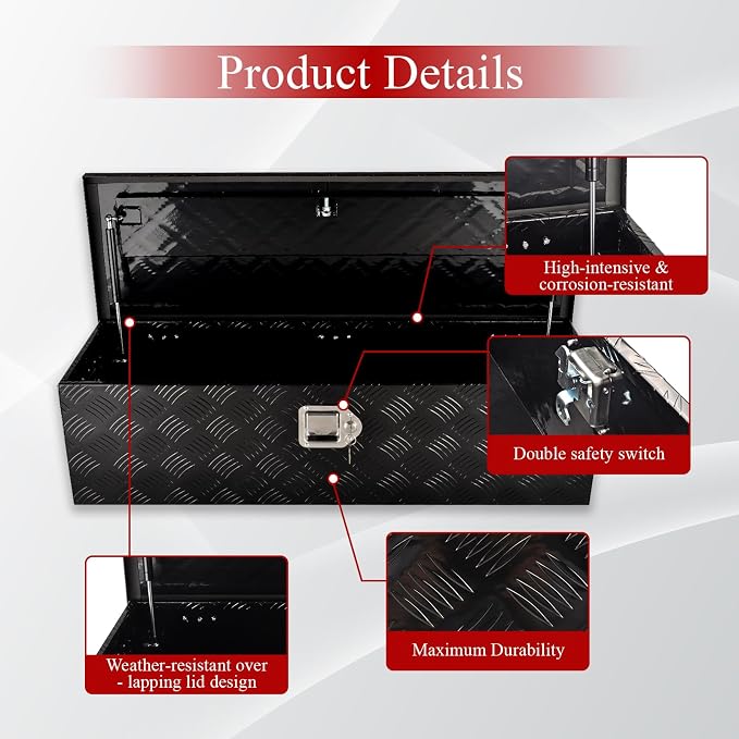 39''Inch Aluminum Truck Tool Box Truck Bed Toolbox Truck Trailer Chest Box Trailer Underbody Storage Organizer Waterproof Square Storage Organizer w/Lock & Keys Black(‎39" Lx13 Wx10 H)