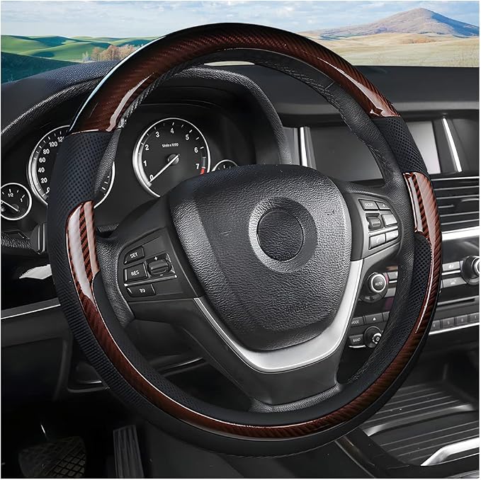 Universal Steering Wheel Cover - Microfiber Leather, 15 Inch, Anti-Slip, Breathable, Odorless Car Steering Wheel Protector, SUV Accessories (Bright Black/Coffee)