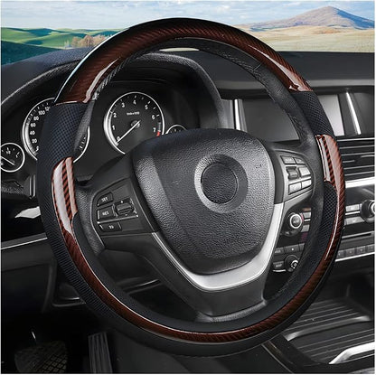 Universal Steering Wheel Cover - Microfiber Leather, 15 Inch, Anti-Slip, Breathable, Odorless Car Steering Wheel Protector, SUV Accessories (Bright Black/Coffee)