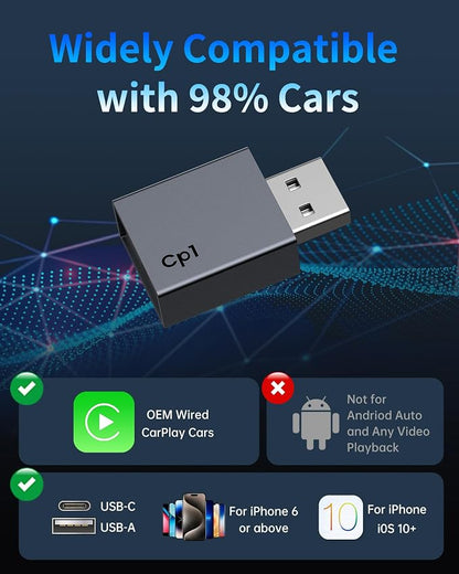 Wireless CarPlay Adapter for iPhone Plug & Play Seamless Connection Convert Wired to Wireless CarPlay for iOS 10+ and Cars from 2016