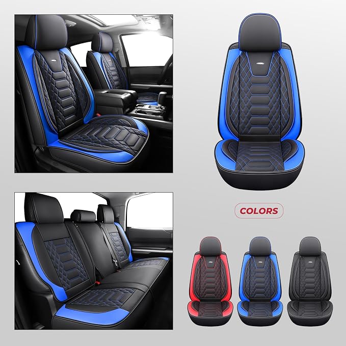 FREESOO Tundra Seat Covers 2 Front Set, Fit for Toyota Tundra 2007-2021 Crewmax Cab, Custom Truck Seat Covers with Waterproof Faux Leather BlackBlue
