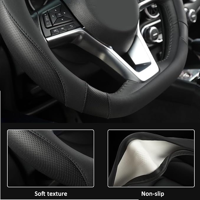 West Llama Flat Bottom Car Steering Wheel Cover for Hyundai,D Shaped Steering Wheel Cover for Tucson,Sonata,Elantra,Santa Fe,Genesis,Sonata Hybrid,Azera,Venue,Kona (Black-Standard Size)