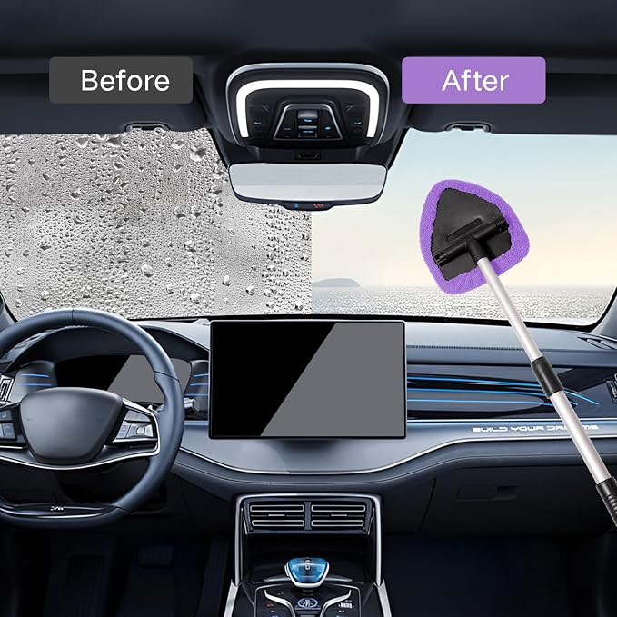 Qydipclin 7pcs Windshield Cleaner Tool Car Window Cleaning Wash Kit with 4 Reusable Microfiber Pads 1 Spray Bottle and Extendable Handle Auto Glass Wiper Kit, Purple