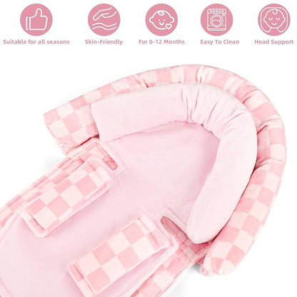 Infant Car Seat Insert with 2 Strap Pads, Carseat Cushion Baby Boy & Girl, Soft and Comfortable Carseat Head Support for Newborn, Pink Checkered