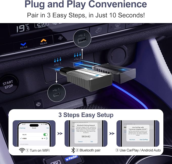 Wireless Carplay Adapter for iPhone, Wireless Adapter that only Support Apple Systems, 2-in-1 Mini USB Car Play Dongle for Car's Wired Car Play & Android Auto Plug & Play