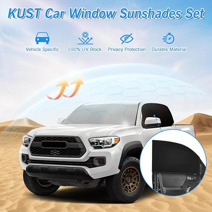 KUST Windshield Sun Shade Umbrella for Toyota Tacoma Double Cab 2016 2017 2018 2019 2020 2021 2022 2023 Rear Window Shades 100% UV Protection and Blackout Privacy 5PCS Car Window Covers Accessories
