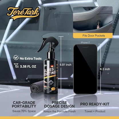 Toretark Car Ceramic Glass Coating Spray,Automotive Windshield Rain Repellent Glass Polish Protect, Long-Lasting Quick Dry Coat (3.38 fl oz +Towel)