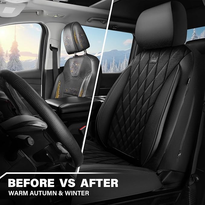CAR PASS Luxury Faux Leather Car Seat Covers Front Seats, Breathable Soft Velvet Premium Automotive Seat Covers 2 Pack, Armrest Airbag Compatible Universal Fit for Most Sedan SUV Van Truck, Black