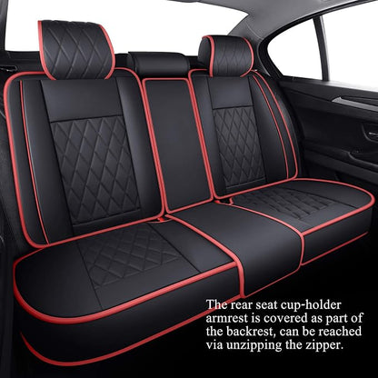 5 Car Seat Covers Full Set Waterproof Leather Universal Cushions Split Bench Compatible with Toyota Camry Kia Nissan Chevy Malibu CRV Focus Fusion Jeep Wrangler Cherokee (Full Set, Black-Red )