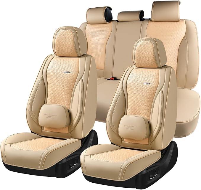 Coverado Car Seat Covers Full Set, Beige Seat Covers for Cars, Waterproof Nappa Leather Automotive Seat Covers with Lumbar Head Pillow, Car Seat Protectors, Universal Fit for Most Cars SUV