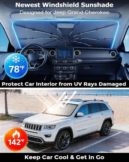 DMJN Umbrella Windshield Sun Shade for Jeep Grand Cherokee (2011-2026), Car Sunshade for Front Windshield [Nano Ice-Crystal Coatings] UPF50+ Heat & UV Block, Protect Interior & Keep Cooler