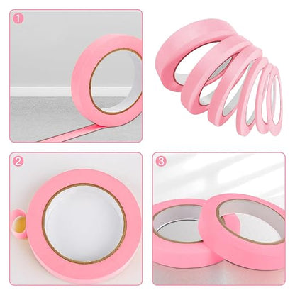 6 Rolls Fine Line Tape 1/16, 1/8, 1/5, 2/5, 1/2, 3/4 Inch x 55 Yard Fineline Masking Tape Painter Adhesive Automotive for DIY Car Auto Paint (Pink, Mixed Sizes)