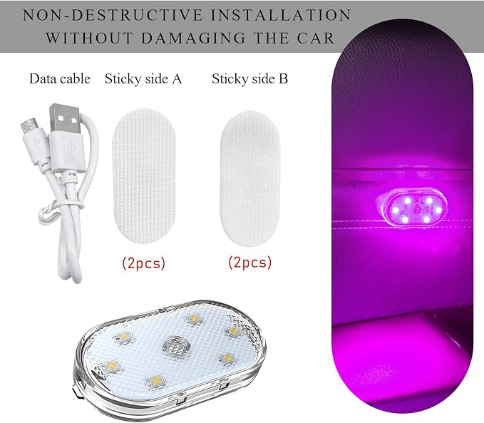 Wevdn 2 PCS Car LED Lights Interior Wireless, Sticky Car Ambient Lighting with 6 Bright LED Lamp Beads, Portable USB Rechargeable Vehicle Interior Led Night Light for Car (Pink)