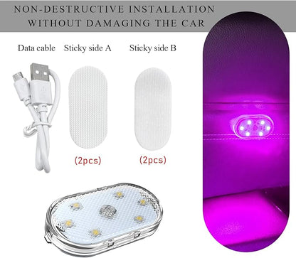 Wevdn 2 PCS Car LED Lights Interior Wireless, Sticky Car Ambient Lighting with 6 Bright LED Lamp Beads, Portable USB Rechargeable Vehicle Interior Led Night Light for Car (Pink)