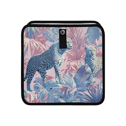 Car Trash Can Organizer Bin with Adjustable Strap for Back Front Seat Console Waterproof Leakproof Collapsible Portable 8.66 Inch Cute Cheetah and Palm Leaves