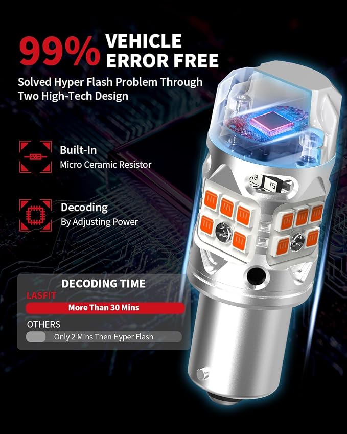 LASFIT T3 1156 LED Bulb Amber Turn Signal Built In Resistor 7506 CANBUS Ready Error Free New 500% Bright Blinker 4000LM Light 1156A P21W 1141 1003 BA15S Front Rear Anti Flicker Hyper Flash (2pcs)