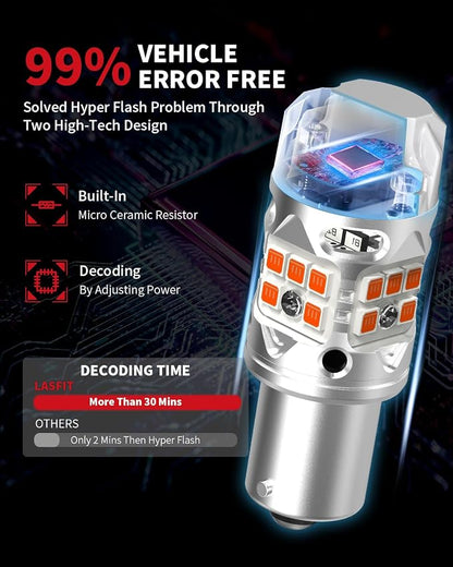 LASFIT T3 1156 LED Bulb Amber Turn Signal Built In Resistor 7506 CANBUS Ready Error Free New 500% Bright Blinker 4000LM Light 1156A P21W 1141 1003 BA15S Front Rear Anti Flicker Hyper Flash (2pcs)
