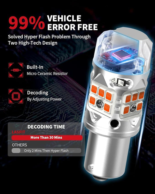 LASFIT T3 1156 LED Bulb Amber Turn Signal Built In Resistor 7506 CANBUS Ready Error Free New 500% Bright Blinker 4000LM Light 1156A P21W 1141 1003 BA15S Front Rear Anti Flicker Hyper Flash (2pcs)