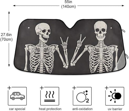 Funny Skull Car Windshield Sunshade - Skeleton Car Shade Skull Sun Shade Black Blocks UV Rays Visor Protector Accordion Folding Sun Reflector Auto Sunshade for Truck SUV to Keep Your Vehicle Cool