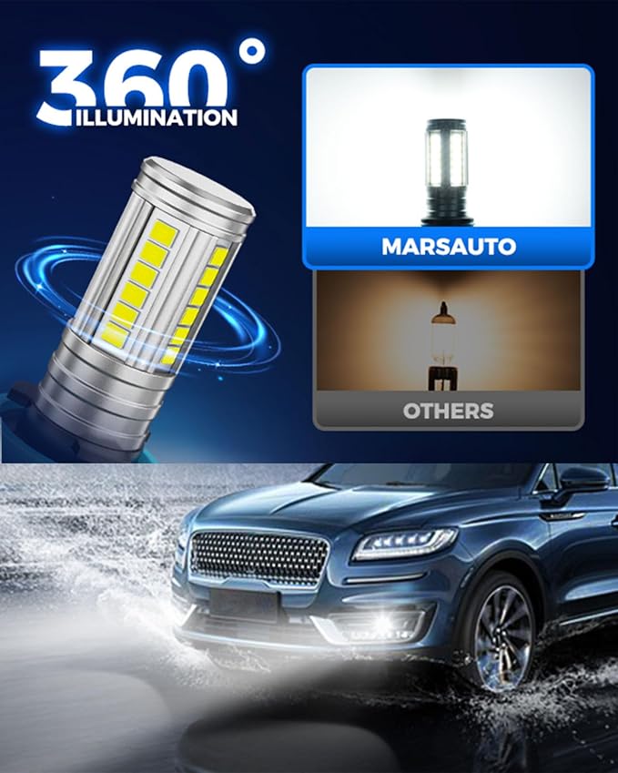 Marsauto H10 9145 Led Fog Light Bulbs, 12,000 LM 360° Illumination Upgraded 60 Pcs Chips 9045 9140 Fog Lights Led, 6500K White Strong Penetration H10 Led Fog Light Bulbs for Car,Tire Light Assemblies