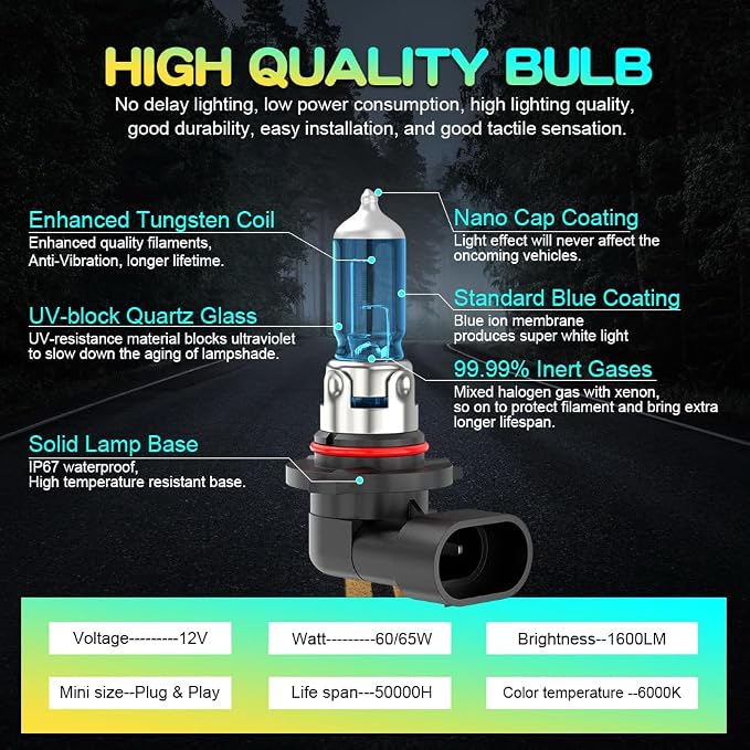 Halogen Headlight Bulbs Compatible for Toyota Corolla High and Low Beams 2001 2002 2003 2004 2005 2006 2007 2008 2009 2010 2011 2012 2013 2014 2015, 5500K White, 300% Brightness, Plug n Play, 4-Pack